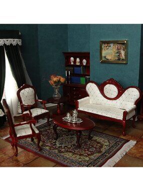 Victorian Dollhouse Furniture Set - 8pcs Miniature Couch, Armchairs, Rug & Decor